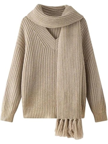 Casual V - Neck Knit Sweater for Women Commuting Scarf Neck Loose Pullover Vintage Jumper
