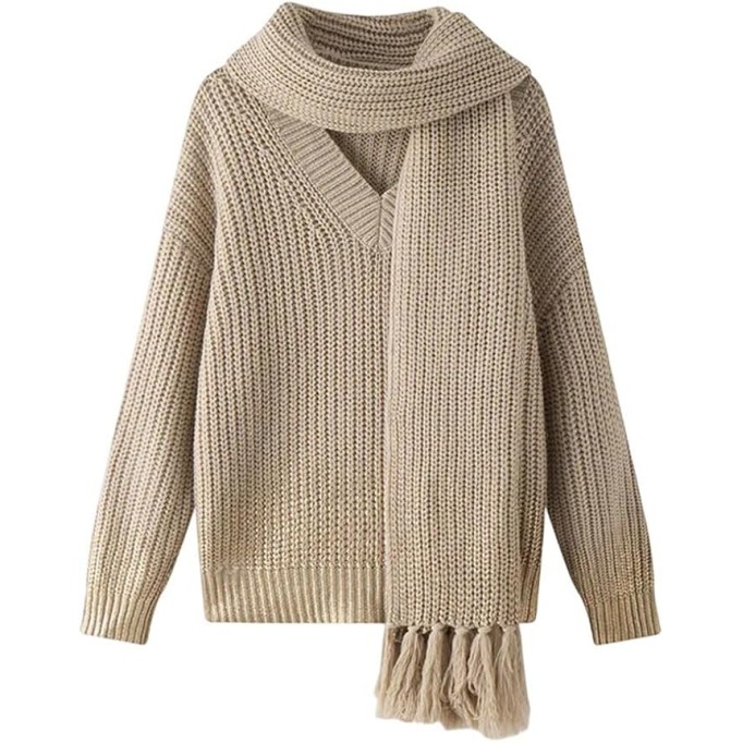 Casual V - Neck Knit Sweater for Women Commuting Scarf Neck Loose Pullover Vintage Jumper