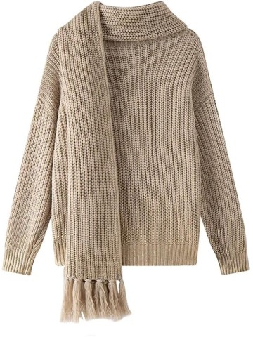Casual V - Neck Knit Sweater for Women Commuting Scarf Neck Loose Pullover Vintage Jumper