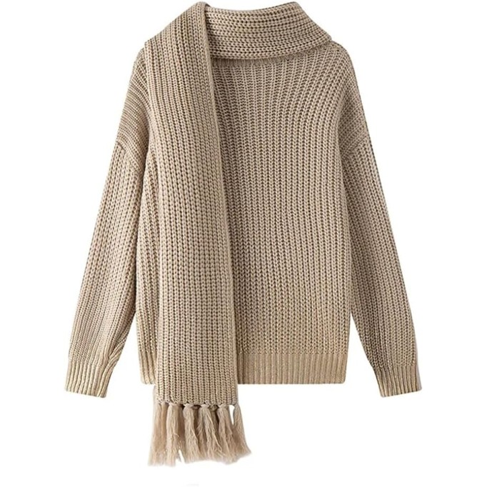 Casual V - Neck Knit Sweater for Women Commuting Scarf Neck Loose Pullover Vintage Jumper