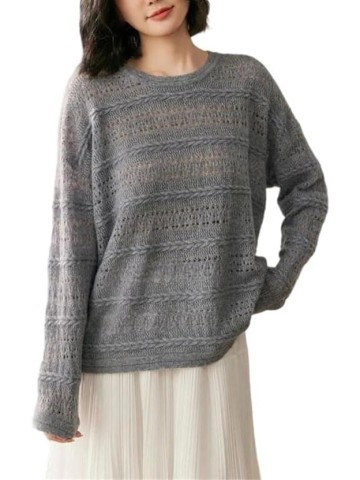 Women's Hollow Textured Round Neck Pullover Sweater, Casual Loose Knitted Sweater