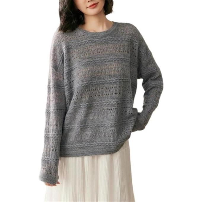 Women's Hollow Textured Round Neck Pullover Sweater, Casual Loose Knitted Sweater