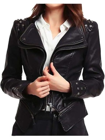 Women Rivet Double Zipper Hip Hop Slim Leather Motorcycle Top Coats Plus Jackets