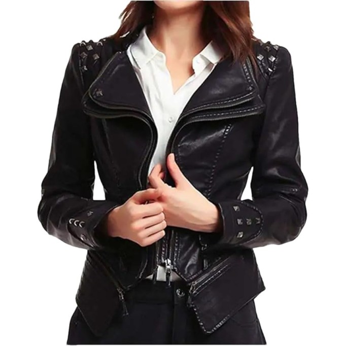 Women Rivet Double Zipper Hip Hop Slim Leather Motorcycle Top Coats Plus Jackets