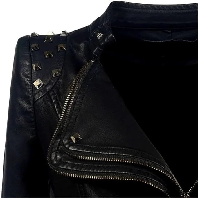 Women Rivet Double Zipper Hip Hop Slim Leather Motorcycle Top Coats Plus Jackets
