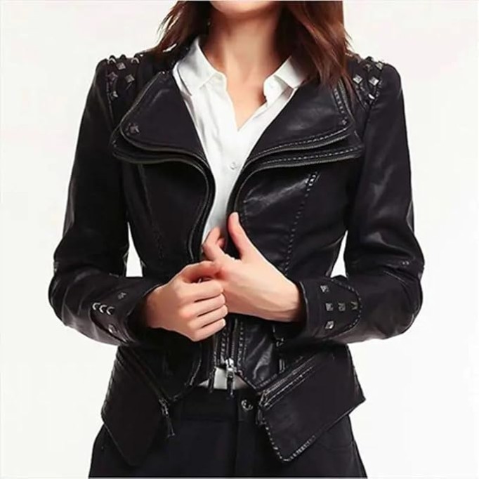 Women Rivet Double Zipper Hip Hop Slim Leather Motorcycle Top Coats Plus Jackets