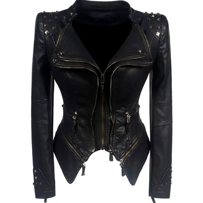 Women Rivet Double Zipper Hip Hop Slim Leather Motorcycle Top Coats Plus Jackets