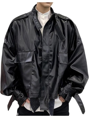 Men’s Black Genuine Sheepskin Leather with Stand Collar and Belt Streetwear Oversized Loose Fit Bat Sleeve Casual Fashionable Zip Up Outfit with Utility Pockets Jacket