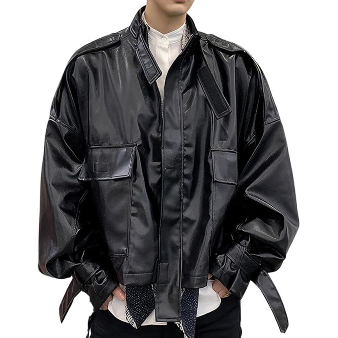 Men’s Black Genuine Sheepskin Leather with Stand Collar and Belt Streetwear Oversized Loose Fit Bat Sleeve Casual Fashionable Zip Up Outfit with Utility Pockets Jacket