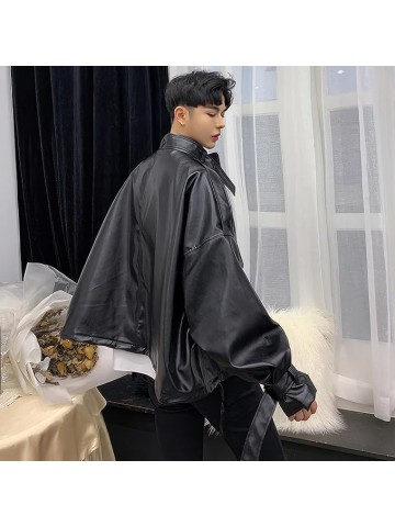 Men’s Black Genuine Sheepskin Leather with Stand Collar and Belt Streetwear Oversized Loose Fit Bat Sleeve Casual Fashionable Zip Up Outfit with Utility Pockets Jacket