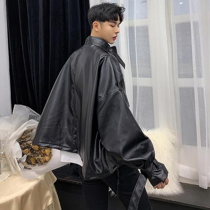 Men’s Black Genuine Sheepskin Leather with Stand Collar and Belt Streetwear Oversized Loose Fit Bat Sleeve Casual Fashionable Zip Up Outfit with Utility Pockets Jacket