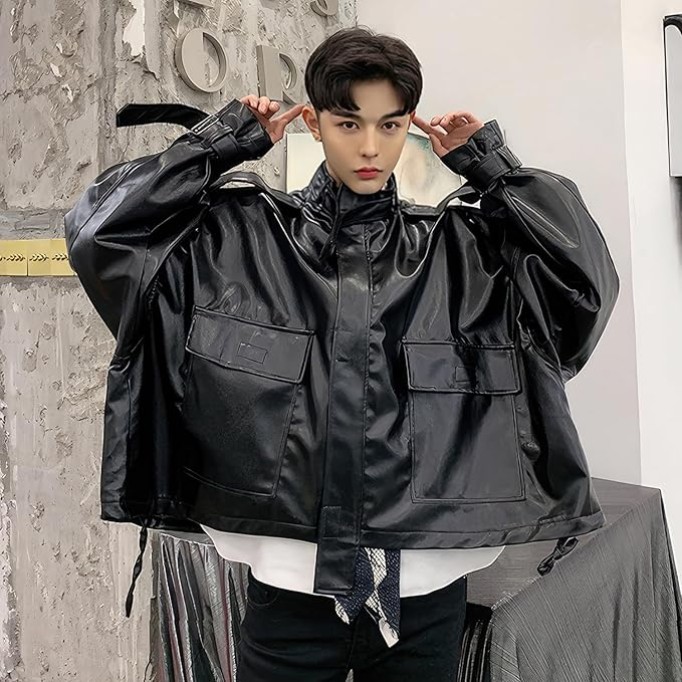 Men’s Black Genuine Sheepskin Leather with Stand Collar and Belt Streetwear Oversized Loose Fit Bat Sleeve Casual Fashionable Zip Up Outfit with Utility Pockets Jacket