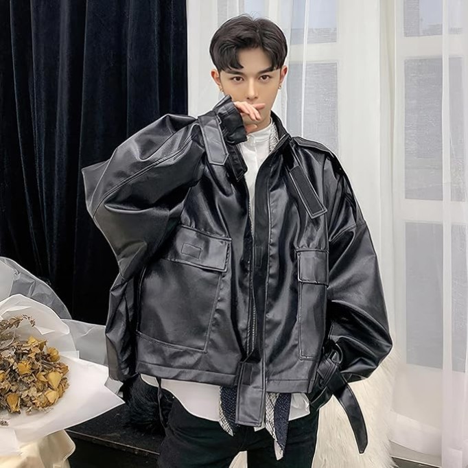 Men’s Black Genuine Sheepskin Leather with Stand Collar and Belt Streetwear Oversized Loose Fit Bat Sleeve Casual Fashionable Zip Up Outfit with Utility Pockets Jacket