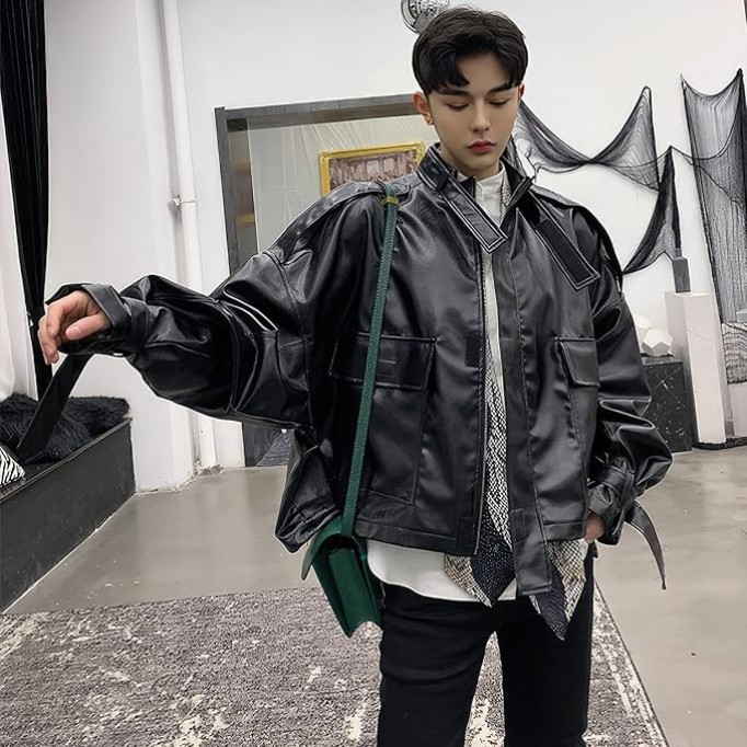 Men’s Black Genuine Sheepskin Leather with Stand Collar and Belt Streetwear Oversized Loose Fit Bat Sleeve Casual Fashionable Zip Up Outfit with Utility Pockets Jacket