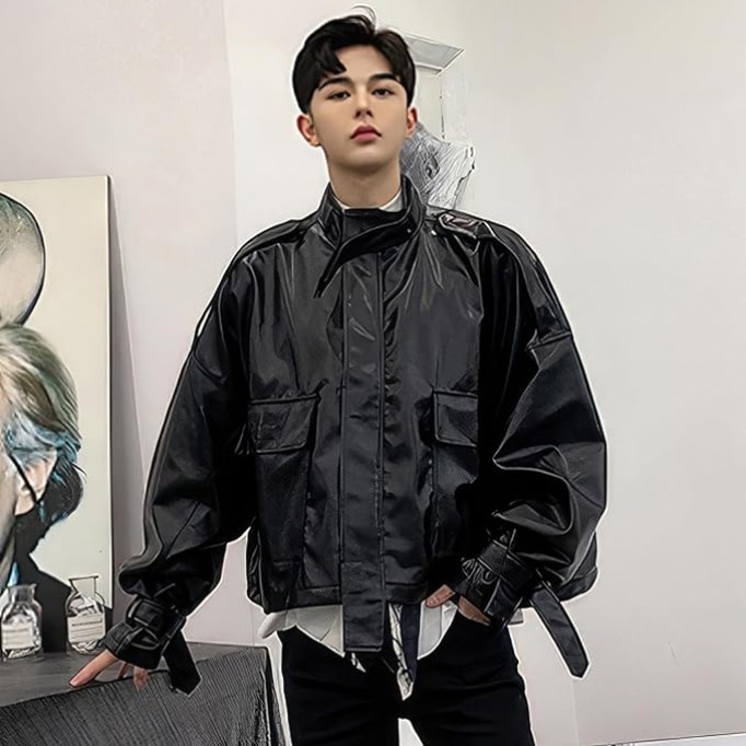 Men’s Black Genuine Sheepskin Leather with Stand Collar and Belt Streetwear Oversized Loose Fit Bat Sleeve Casual Fashionable Zip Up Outfit with Utility Pockets Jacket