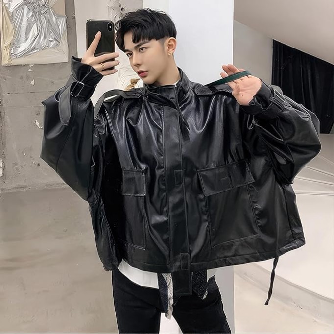 Men’s Black Genuine Sheepskin Leather with Stand Collar and Belt Streetwear Oversized Loose Fit Bat Sleeve Casual Fashionable Zip Up Outfit with Utility Pockets Jacket