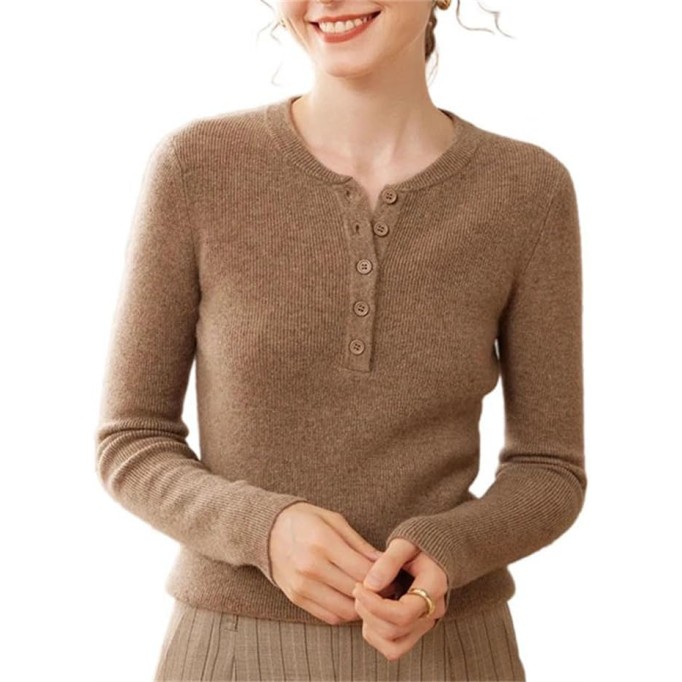 Women Fall Wintern Cashmere Wool Blend Sweater Solid Button V-Neck Long Sleeve Slim Pullover Jumper