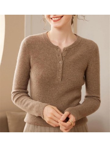 Women Fall Wintern Cashmere Wool Blend Sweater Solid Button V-Neck Long Sleeve Slim Pullover Jumper