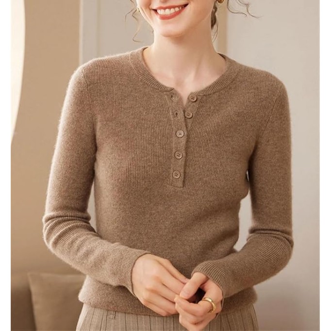 Women Fall Wintern Cashmere Wool Blend Sweater Solid Button V-Neck Long Sleeve Slim Pullover Jumper