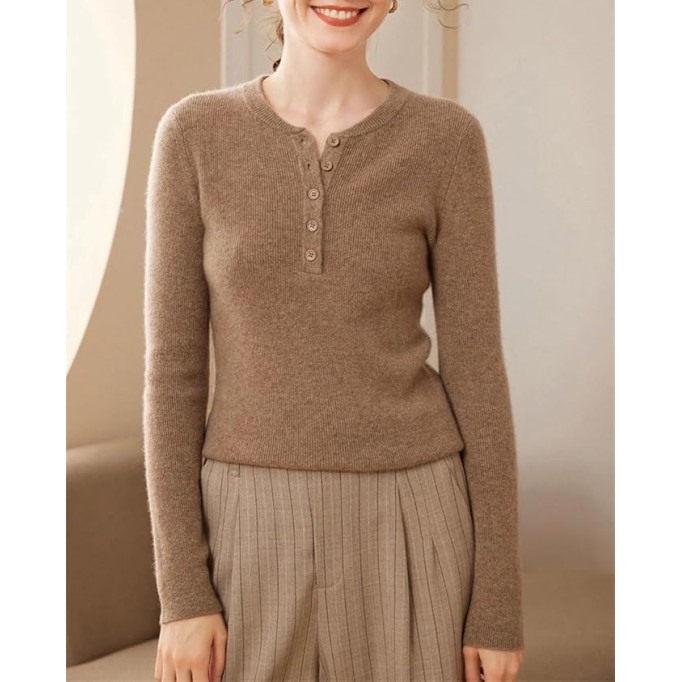 Women Fall Wintern Cashmere Wool Blend Sweater Solid Button V-Neck Long Sleeve Slim Pullover Jumper
