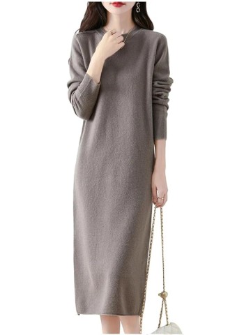 Womens' Wool Long Sleeve Dress Round Neck Loose Sweater Dress Fall Winter Casual Knitted Dress