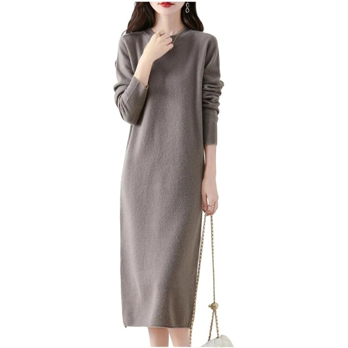 Womens' Wool Long Sleeve Dress Round Neck Loose Sweater Dress Fall Winter Casual Knitted Dress