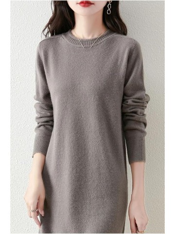 Womens' Wool Long Sleeve Dress Round Neck Loose Sweater Dress Fall Winter Casual Knitted Dress