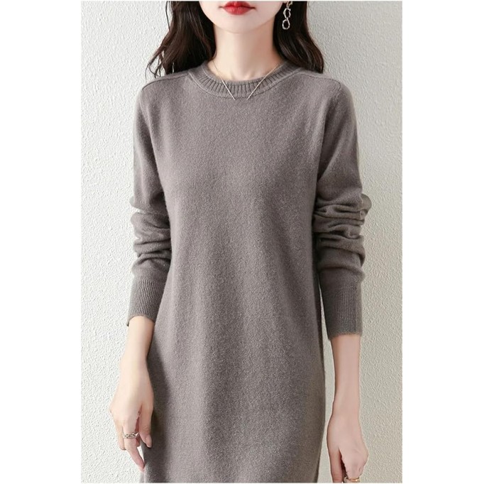 Womens' Wool Long Sleeve Dress Round Neck Loose Sweater Dress Fall Winter Casual Knitted Dress