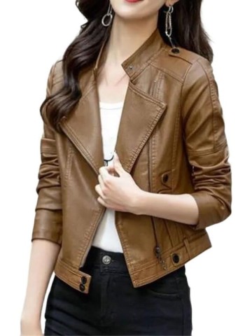 Women Long Sleeve Genuine Leather Jacket Moto Biker Style Short Stand Collar Coat Winter Outerwear