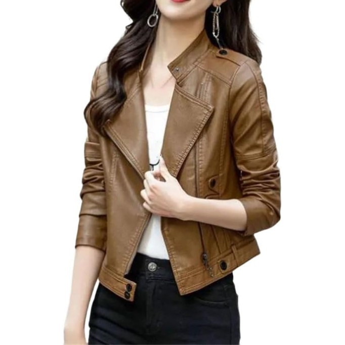 Women Long Sleeve Genuine Leather Jacket Moto Biker Style Short Stand Collar Coat Winter Outerwear