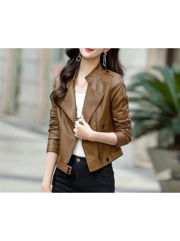 Women Long Sleeve Genuine Leather Jacket Moto Biker Style Short Stand Collar Coat Winter Outerwear