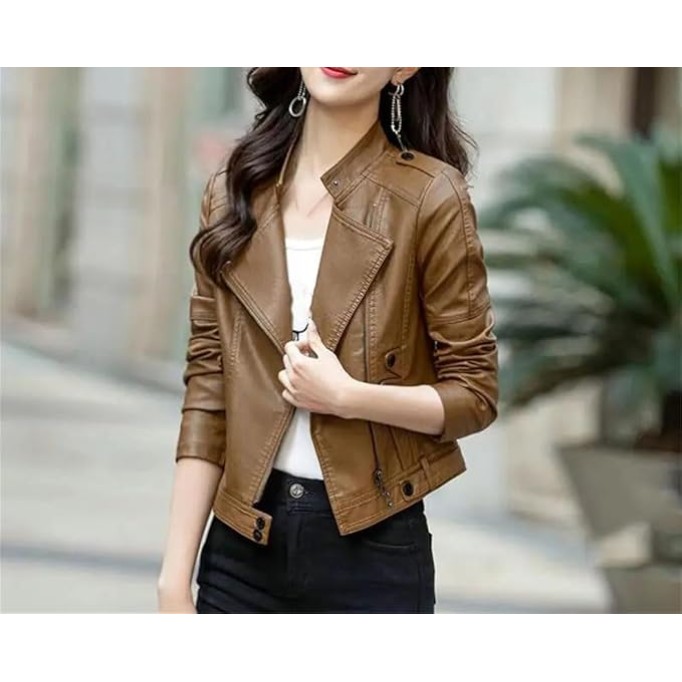 Women Long Sleeve Genuine Leather Jacket Moto Biker Style Short Stand Collar Coat Winter Outerwear