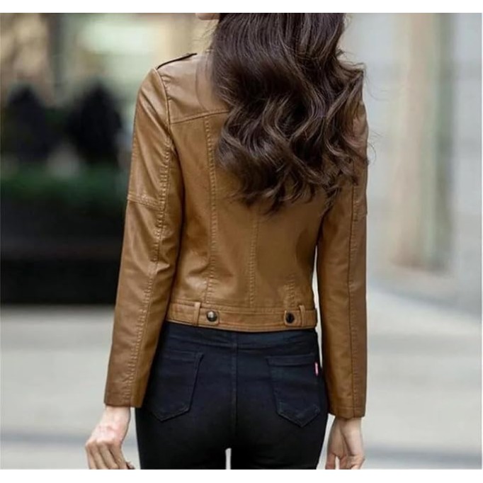 Women Long Sleeve Genuine Leather Jacket Moto Biker Style Short Stand Collar Coat Winter Outerwear