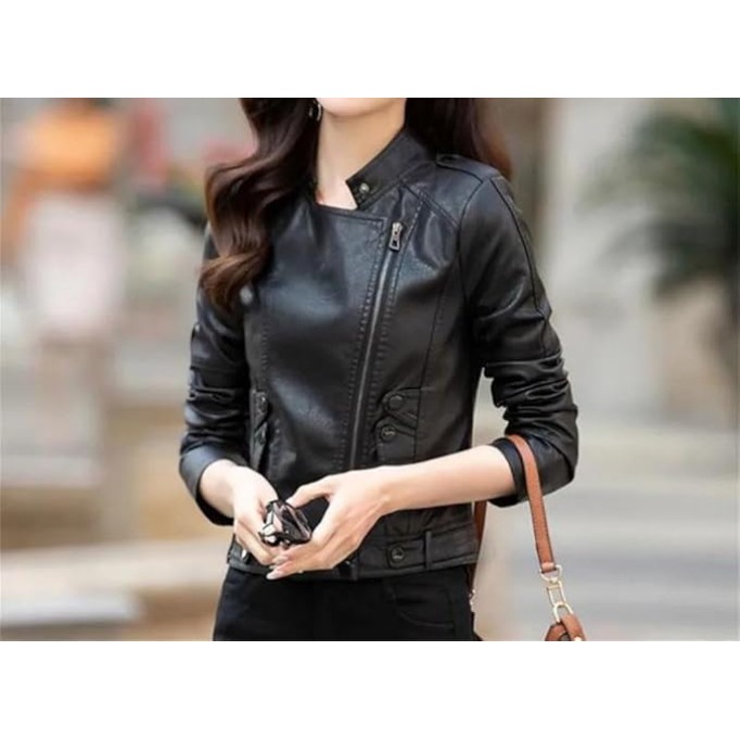 Women Long Sleeve Genuine Leather Jacket Moto Biker Style Short Stand Collar Coat Winter Outerwear