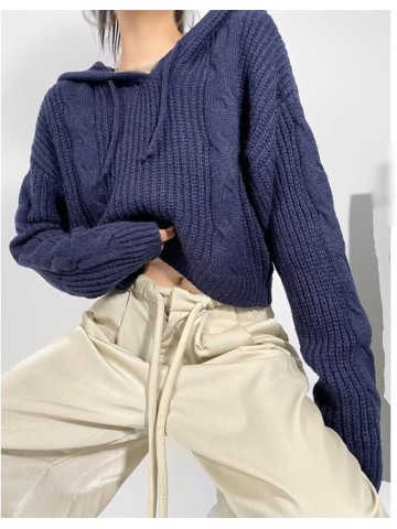 JSEIAJB Loose Casual Pullover Short Sweater Women's Slouchy Hooded Drawstring Knit Tunic