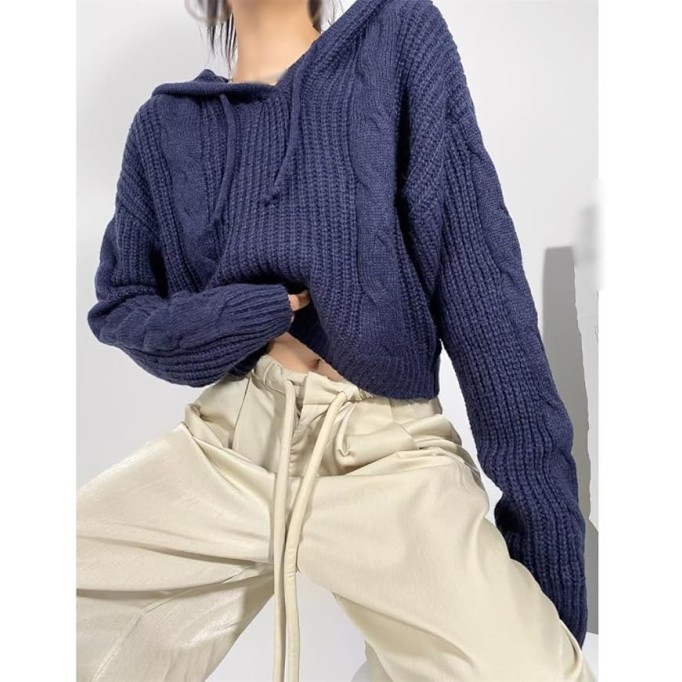 JSEIAJB Loose Casual Pullover Short Sweater Women's Slouchy Hooded Drawstring Knit Tunic