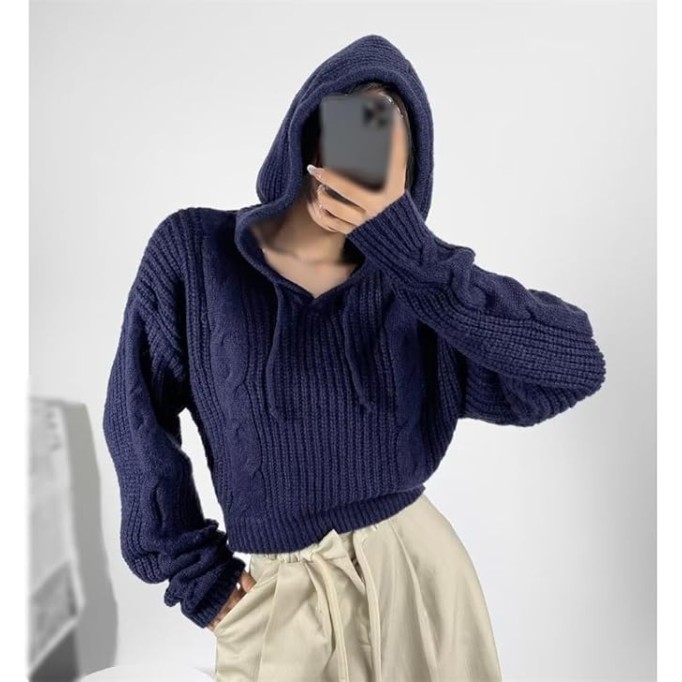 JSEIAJB Loose Casual Pullover Short Sweater Women's Slouchy Hooded Drawstring Knit Tunic