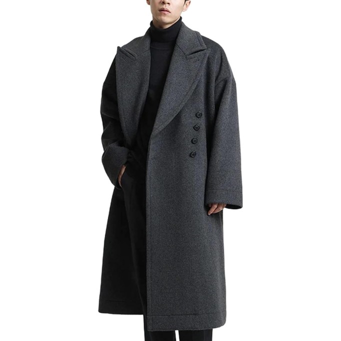 Men's Woolen Coat Mid-Length Warm Winter Long Oversized Casual Soft Warm Dark Grey Woolen Coats