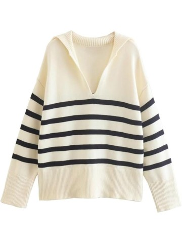 JSEIAJB Women's V Lapel Casual Striped Loose Pullover Knit Sweater