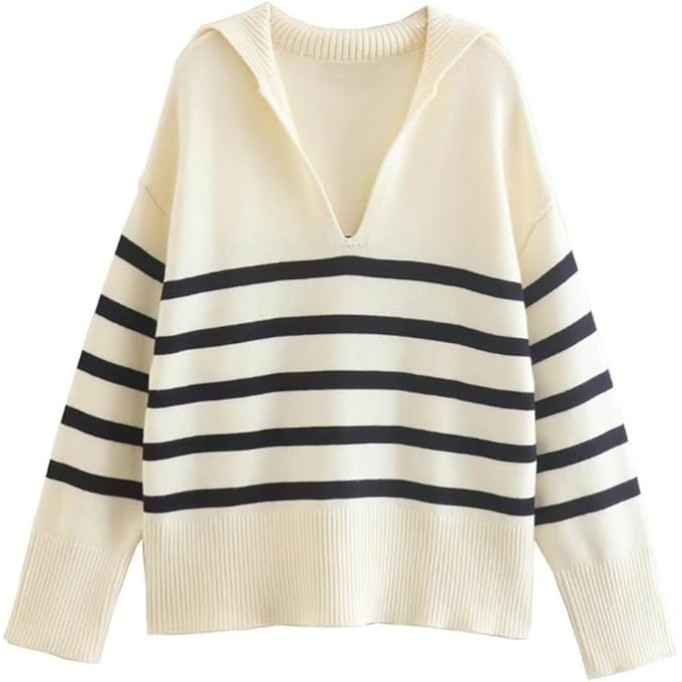 JSEIAJB Women's V Lapel Casual Striped Loose Pullover Knit Sweater