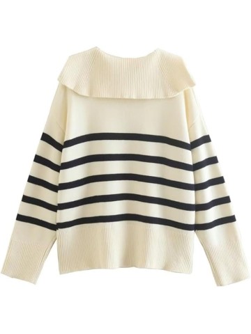 JSEIAJB Women's V Lapel Casual Striped Loose Pullover Knit Sweater