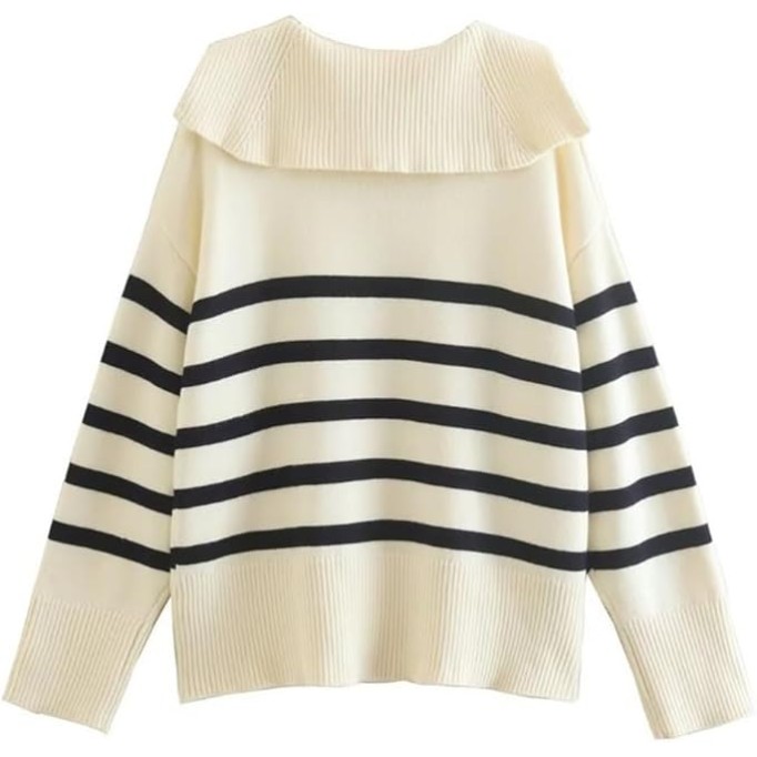 JSEIAJB Women's V Lapel Casual Striped Loose Pullover Knit Sweater