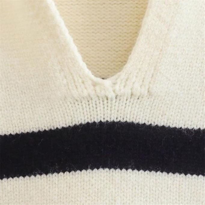 JSEIAJB Women's V Lapel Casual Striped Loose Pullover Knit Sweater