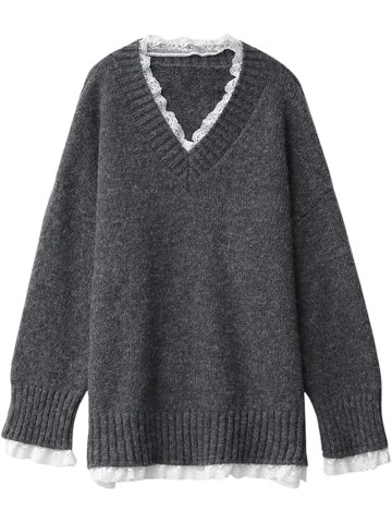 Women's Casual V-Neck Long Sleeve Loose Fit Pullover Lace Patchwork Mid-Length Knitted Tunic Sweater