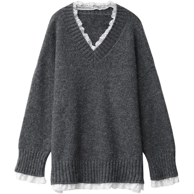 Women's Casual V-Neck Long Sleeve Loose Fit Pullover Lace Patchwork Mid-Length Knitted Tunic Sweater