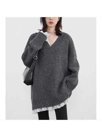 Women's Casual V-Neck Long Sleeve Loose Fit Pullover Lace Patchwork Mid-Length Knitted Tunic Sweater