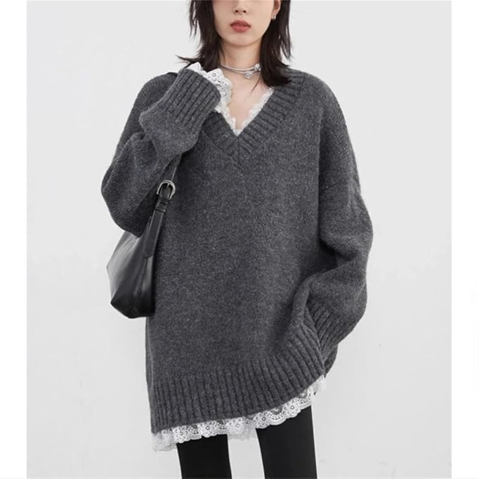 Women's Casual V-Neck Long Sleeve Loose Fit Pullover Lace Patchwork Mid-Length Knitted Tunic Sweater