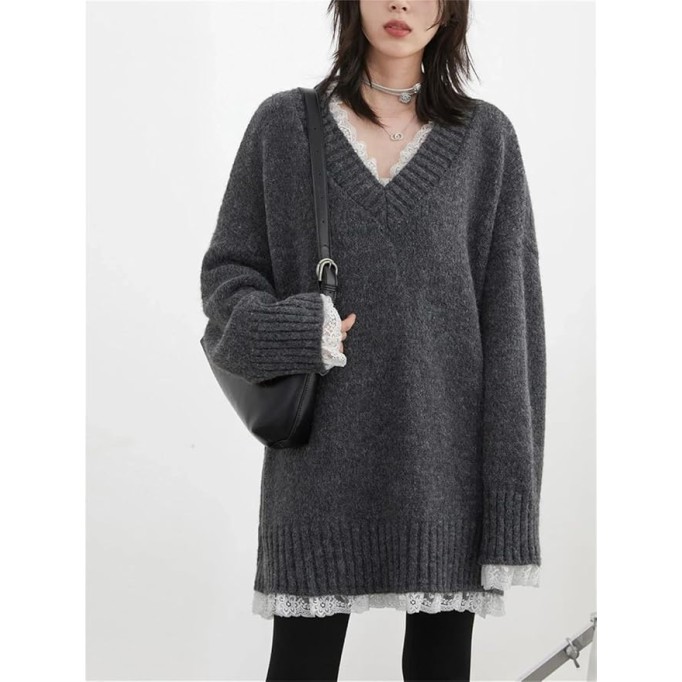 Women's Casual V-Neck Long Sleeve Loose Fit Pullover Lace Patchwork Mid-Length Knitted Tunic Sweater