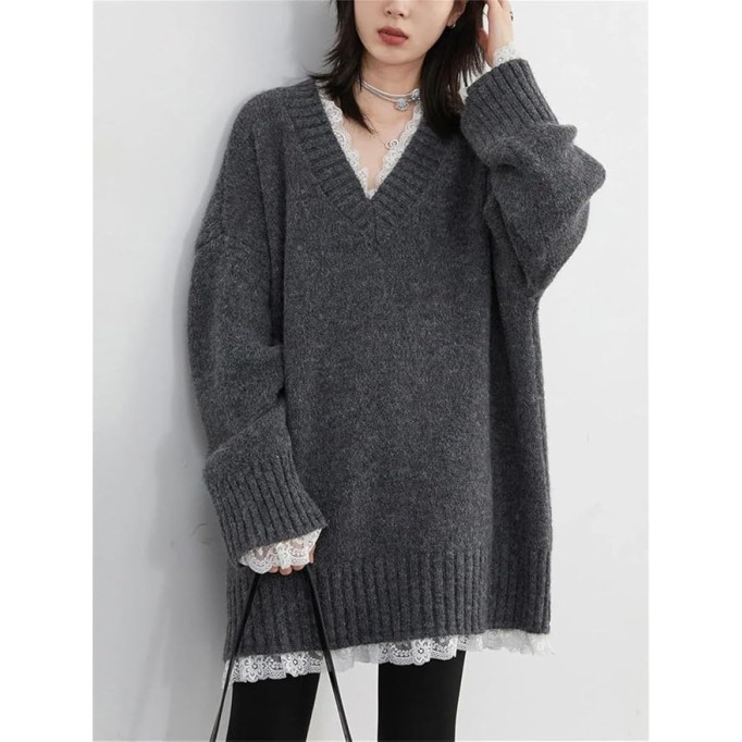 Women's Casual V-Neck Long Sleeve Loose Fit Pullover Lace Patchwork Mid-Length Knitted Tunic Sweater