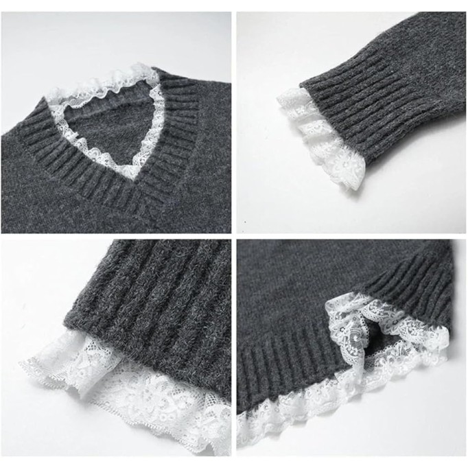 Women's Casual V-Neck Long Sleeve Loose Fit Pullover Lace Patchwork Mid-Length Knitted Tunic Sweater
